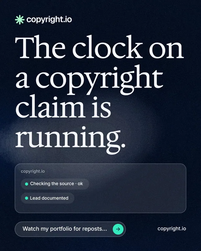 Instagram portrait post for copyright.io: "The clock on a copyright claim is running." Thermal style, poster layout, dark palette in blue, black, grey.