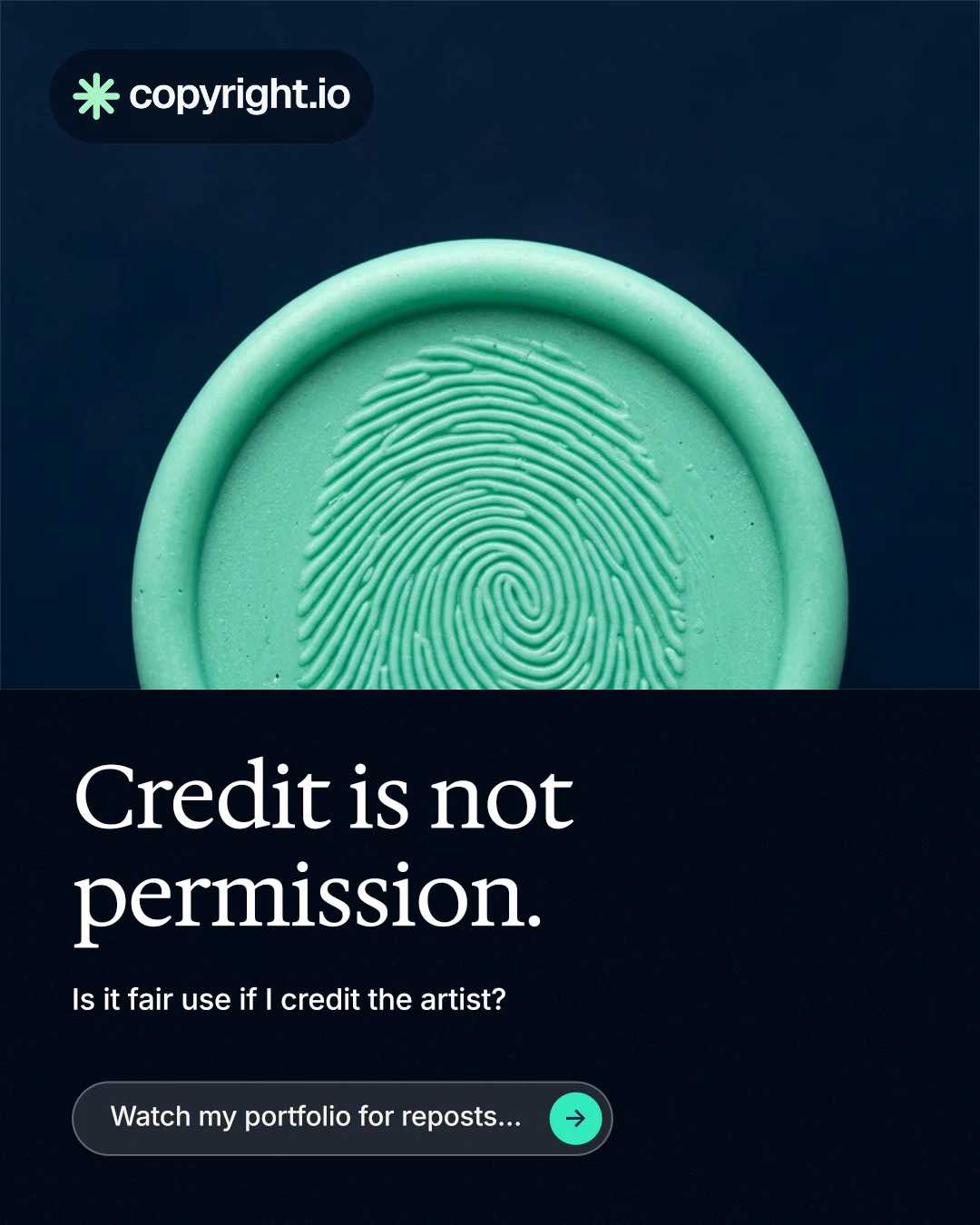 Instagram portrait post for copyright.io: "Credit is not permission." Agentic glass style, bottom layout, dark palette in black, teal, blue.