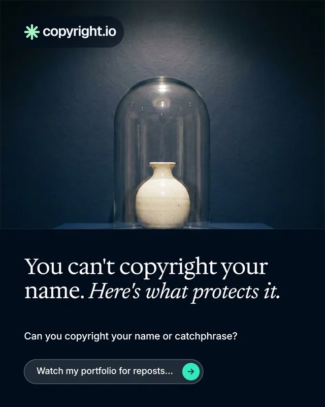 Instagram portrait post for copyright.io: "You can't copyright your name. Here's what protects it." Agentic glass style, bottom layout, dark palette in blue, black, grey.