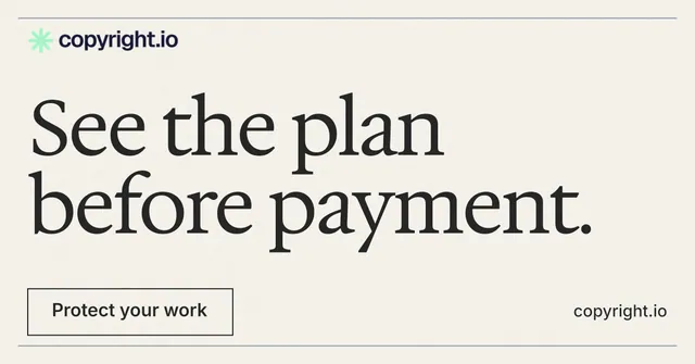 Social ad for copyright.io: "See the plan before payment." Editorial style, poster layout, light palette in white, grey, green.