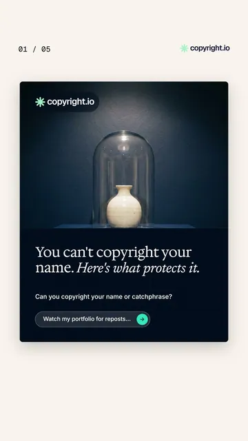 Video for copyright.io. Ad flipbook, 7.5 s, light palette.