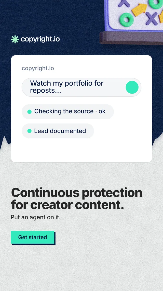 Instagram story for copyright.io: "Continuous protection for creator content." Paper trio style, bottom layout, light palette in white, blue, grey.
