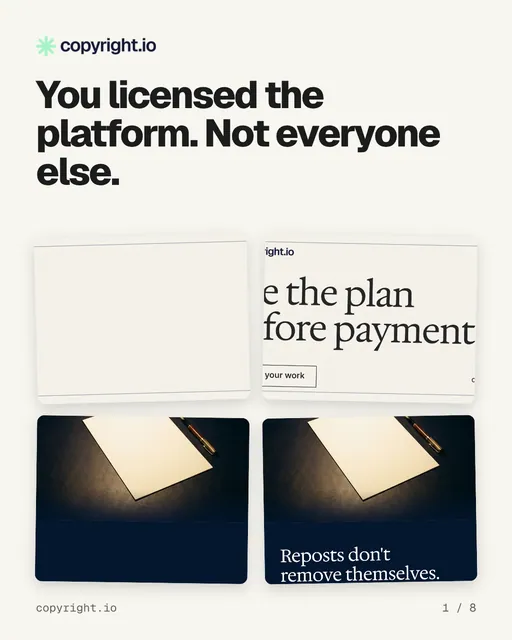 Carousel for copyright.io: "You licensed the platform. Not everyone else.". Collection carousel, 8 slides, light palette.