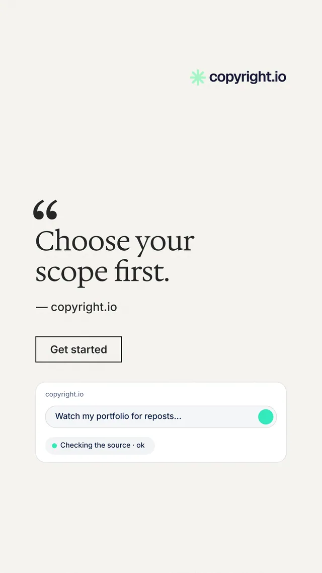 Instagram story for copyright.io: "Choose your scope first." Editorial style, quote layout, light palette in white.