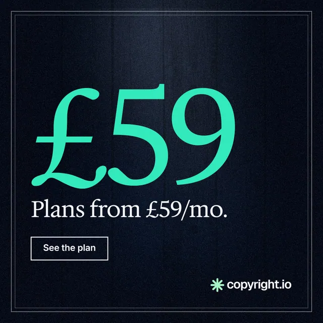 Instagram post for copyright.io: "See the plan first." Dark deco style, stat layout, dark palette in black, blue, teal.