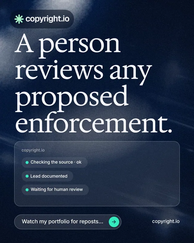 Instagram portrait post for copyright.io: "A person reviews any proposed enforcement." Thermal style, poster layout, dark palette in blue, black, grey.