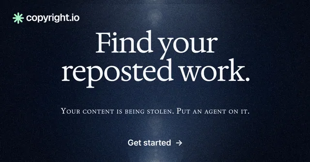 Social ad for copyright.io: "Find your reposted work." Dark deco style, smallcaps layout, dark palette in black, blue, grey.