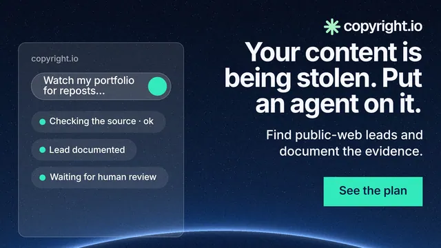 Landscape graphic for copyright.io: "Your content is being stolen. Put an agent on it." Swiss style, right layout, dark palette in black, blue, teal.