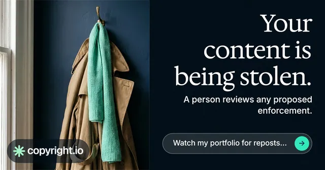 Social ad for copyright.io: "Your content is being stolen." Agentic glass style, right layout, dark palette in black, grey.