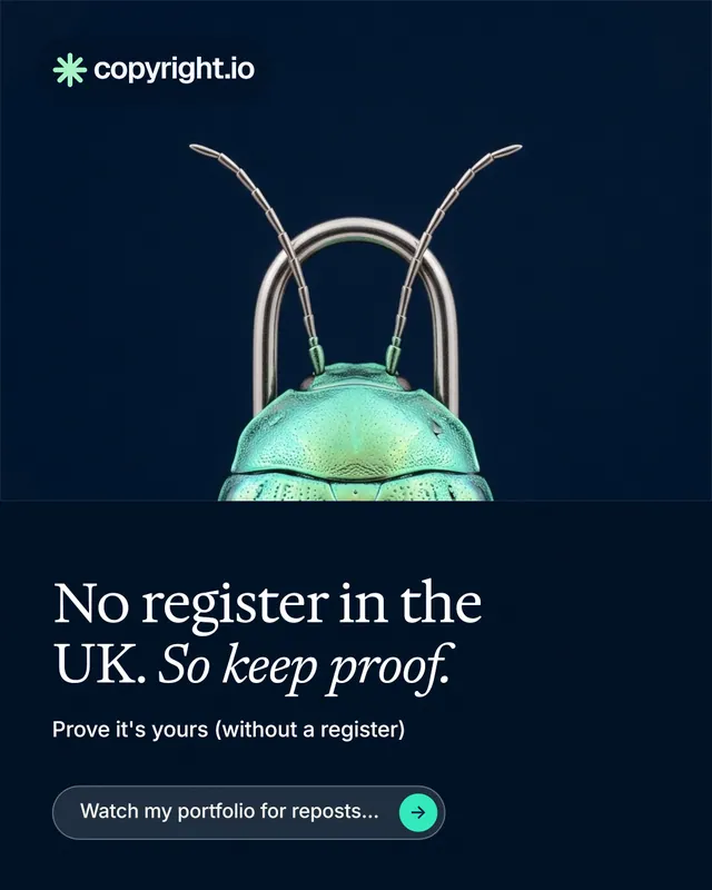 Instagram portrait post for copyright.io: "No register in the UK. So keep proof." Agentic glass style, bottom layout, dark palette in black, grey, blue.