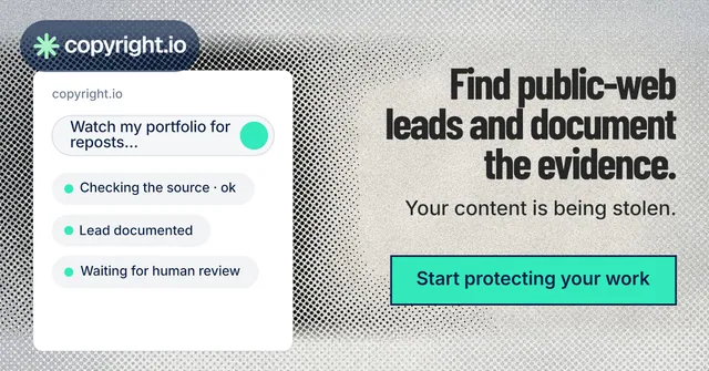 Social ad for copyright.io: "Find public-web leads and document the evidence." Ink sticker style, right layout, light palette in grey, green, white.