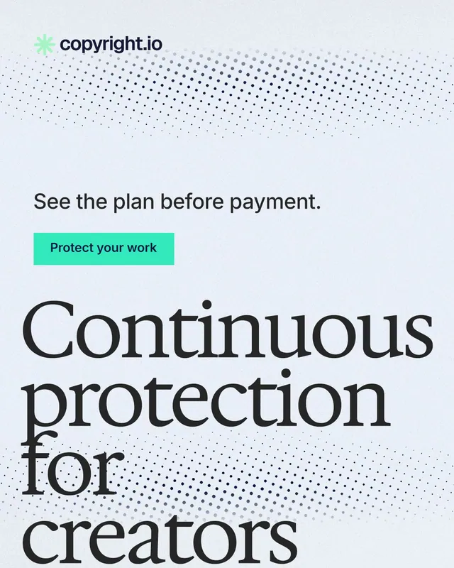 Instagram portrait post for copyright.io: "Continuous protection for creators." Swiss style, oversized layout, light palette in white, blue, grey.