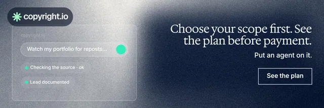 X header for copyright.io: "Choose your scope first. See the plan before payment." Cyanotype style, right layout, dark palette in grey, blue.
