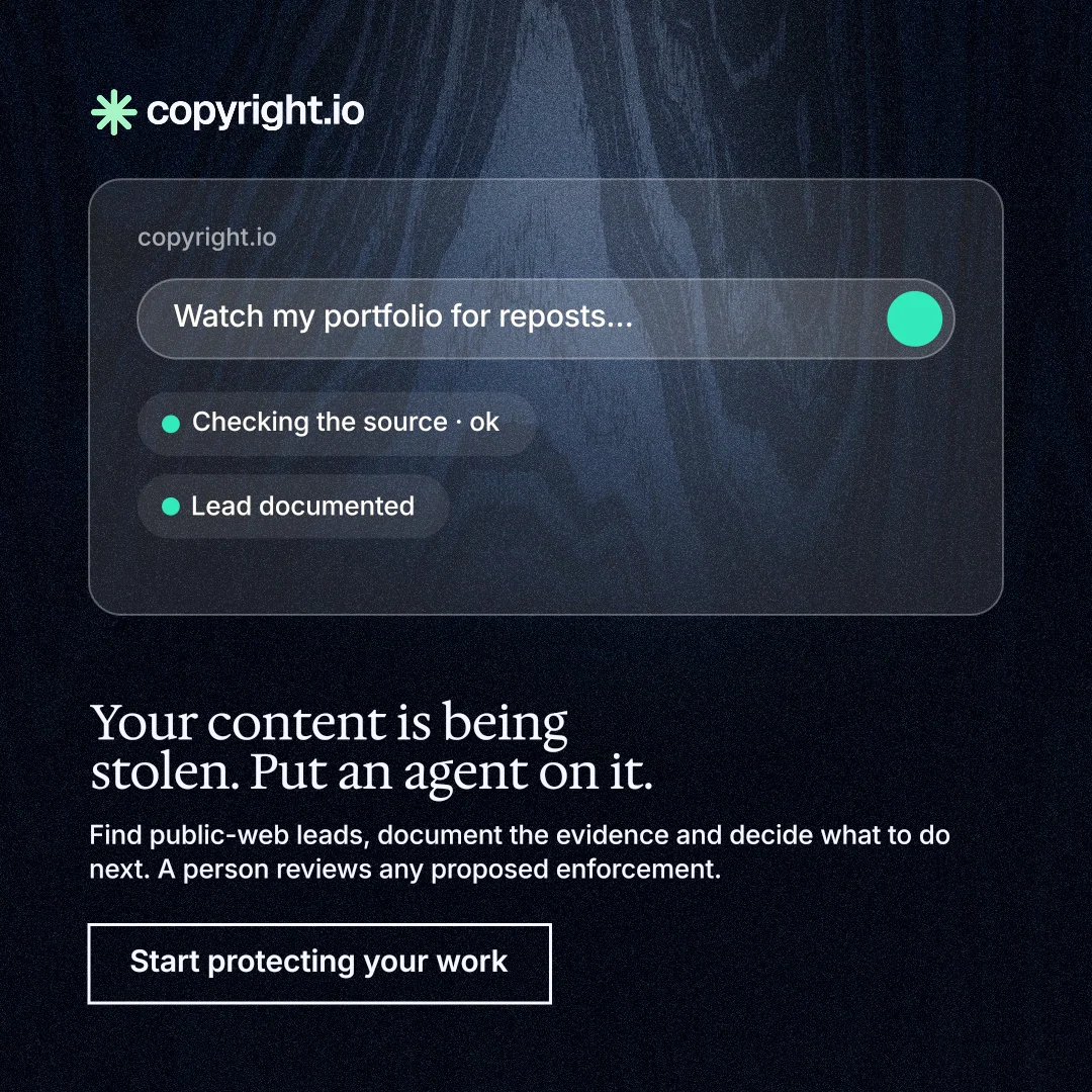 Instagram post for copyright.io: "Your content is being stolen. Put an agent on it." Dark deco style, bottom layout, dark palette in blue, black, grey.