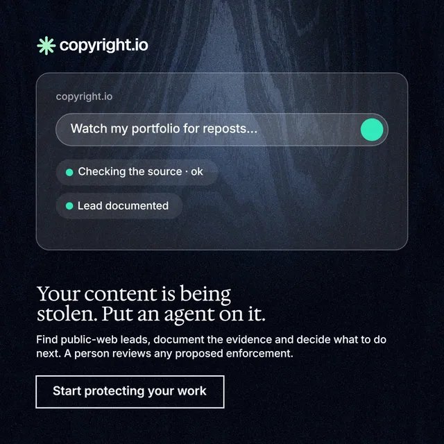 Instagram post for copyright.io: "Your content is being stolen. Put an agent on it." Dark deco style, bottom layout, dark palette in blue, black, grey.