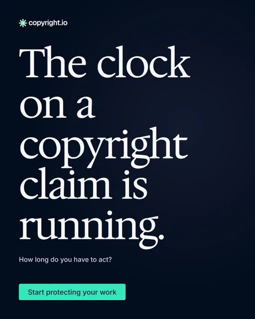 Video for copyright.io: "The clock on a copyright claim is running.". Doc motion loop, 6.0 s, dark palette.