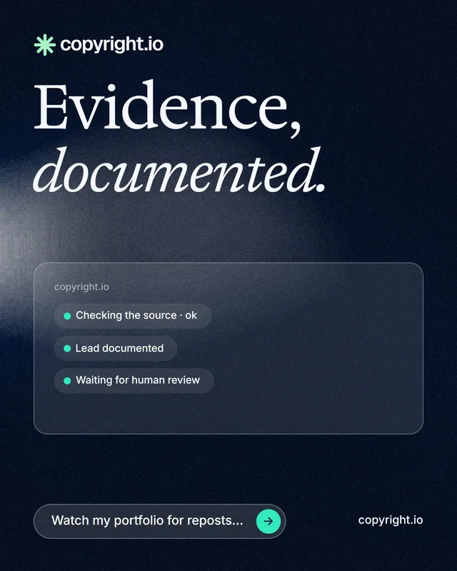 Instagram portrait post for copyright.io: "Evidence, documented." Thermal style, poster layout, dark palette in blue, black, grey.