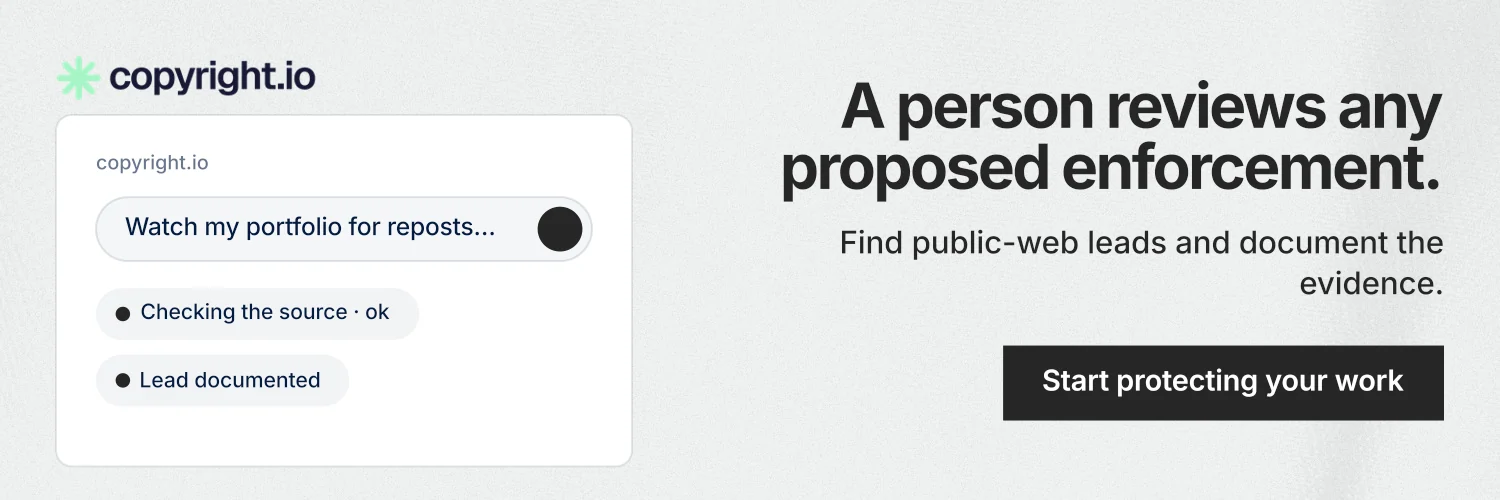 X header for copyright.io: "A person reviews any proposed enforcement." Swiss style, right layout, light palette in white, grey.