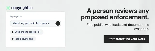 X header for copyright.io: "A person reviews any proposed enforcement." Swiss style, right layout, light palette in white, grey.