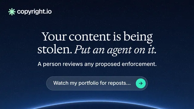 Landscape graphic for copyright.io: "Your content is being stolen. Put an agent on it." Agentic glass style, centred layout, dark palette in blue, black.