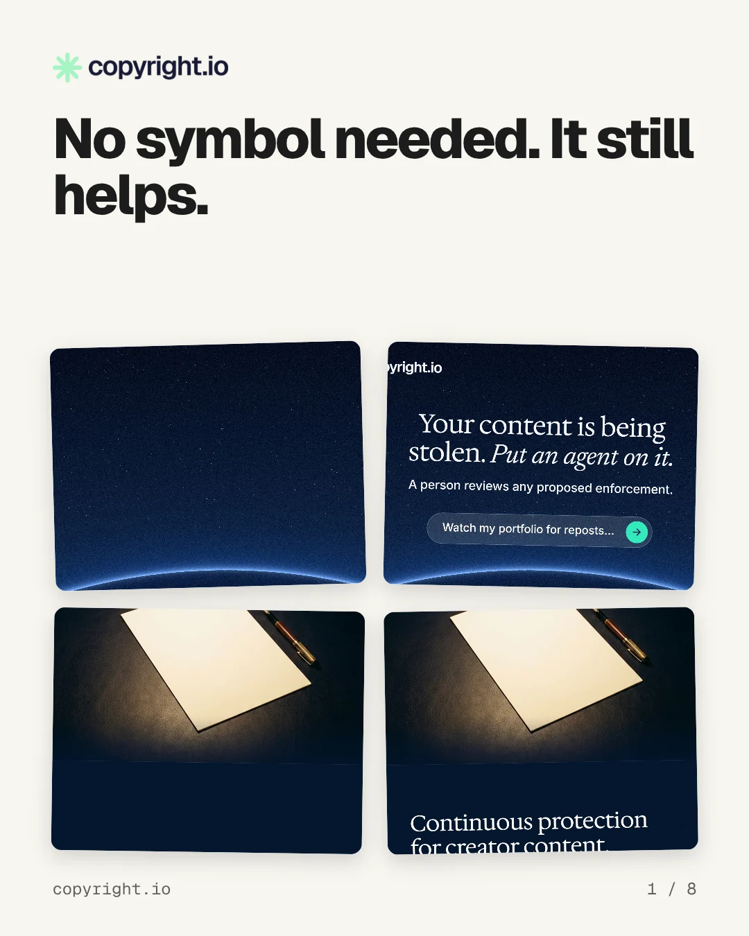 Carousel for copyright.io: "No symbol needed. It still helps.". Collection carousel, 8 slides, light palette.