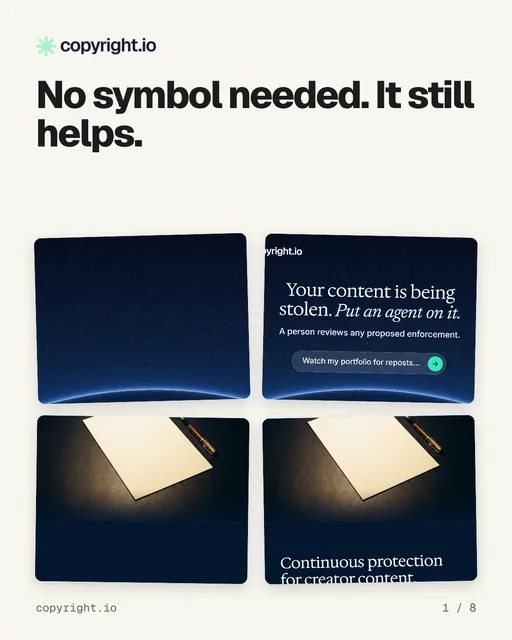 Carousel for copyright.io: "No symbol needed. It still helps.". Collection carousel, 8 slides, light palette.