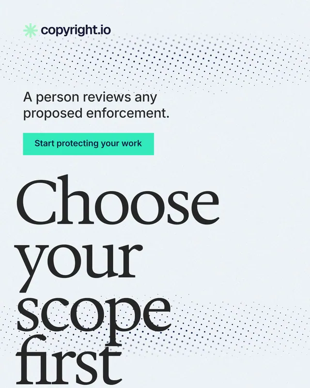 Instagram portrait post for copyright.io: "Choose your scope first." Swiss style, oversized layout, light palette in white, grey.