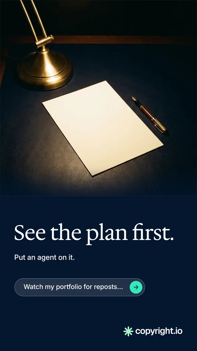 Instagram story for copyright.io: "See the plan first." Agentic glass style, bottom layout, dark palette in black, grey.