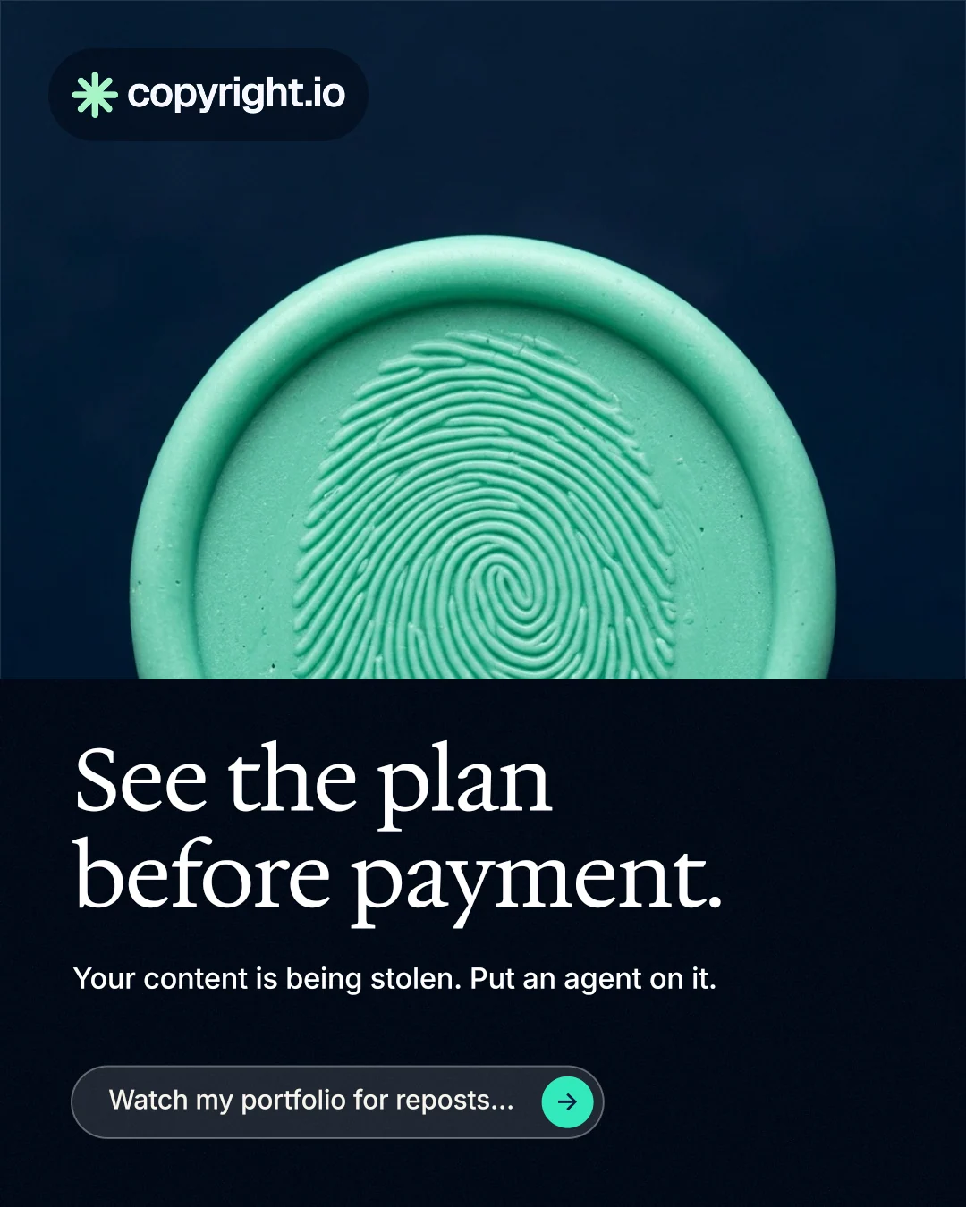 Instagram portrait post for copyright.io: "See the plan before payment." Agentic glass style, bottom layout, dark palette in black, teal, blue.