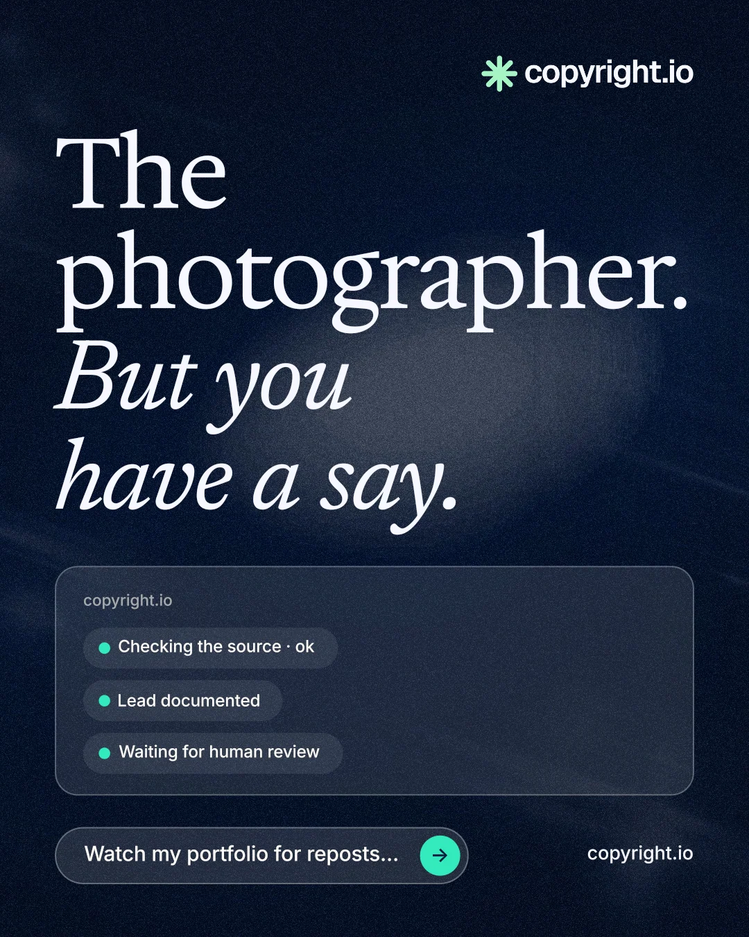 Instagram portrait post for copyright.io: "The photographer. But you have a say." Thermal style, poster layout, dark palette in blue, black, grey.