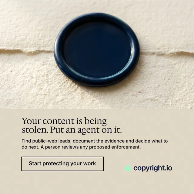 Instagram post for copyright.io: "Your content is being stolen. Put an agent on it." Editorial style, bottom layout, light palette in orange, yellow, grey.