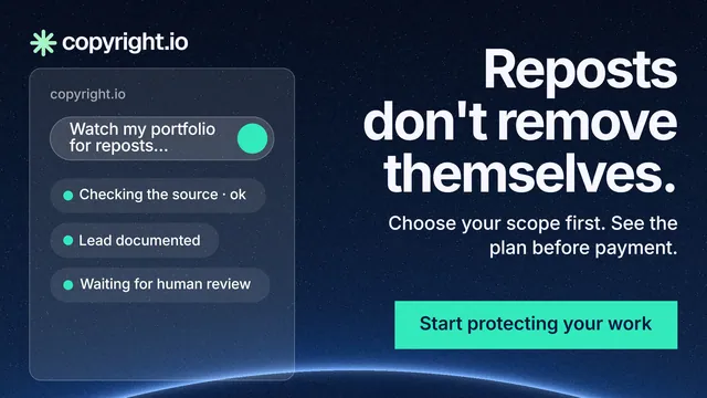 Landscape graphic for copyright.io: "Reposts don't remove themselves." Swiss style, right layout, dark palette in blue, black, teal.
