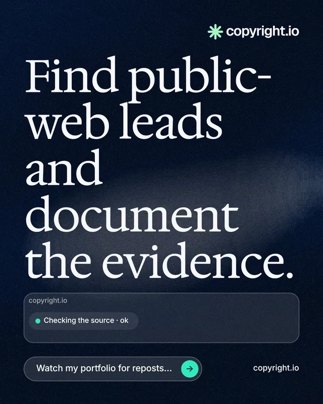 Instagram portrait post for copyright.io: "Find public-web leads and document the evidence." Thermal style, poster layout, dark palette in black, blue, grey.