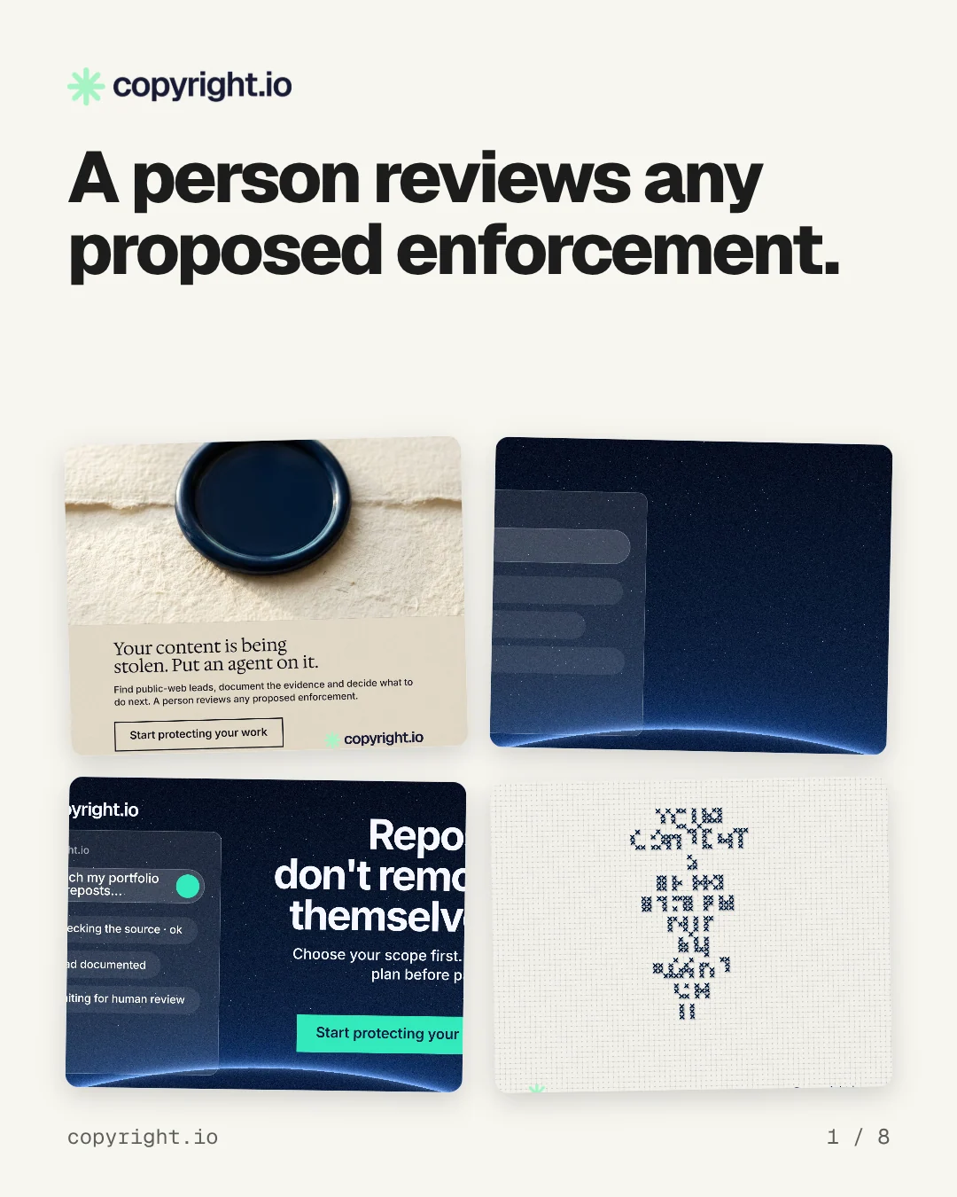 Carousel for copyright.io: "A person reviews any proposed enforcement.". Collection carousel, 8 slides, light palette.