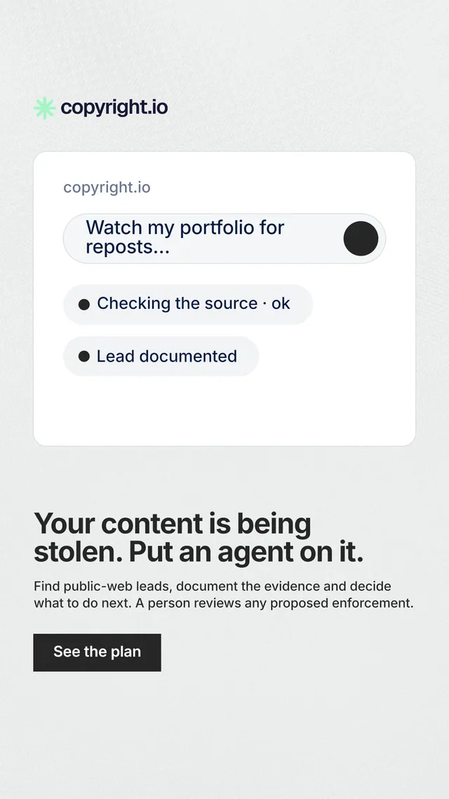 Instagram story for copyright.io: "Your content is being stolen. Put an agent on it." Swiss style, bottom layout, light palette in white, grey.