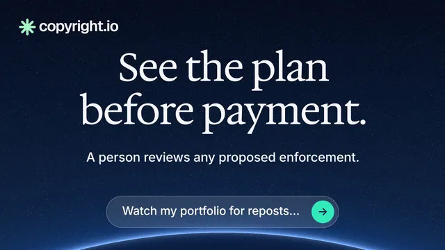 Landscape graphic for copyright.io: "See the plan before payment." Agentic glass style, centred layout, dark palette in blue, black.