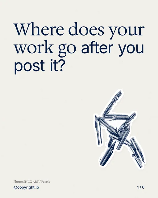 Carousel for copyright.io: "Where does your work go after you post it?". Cutout essay, 6 slides, light palette.