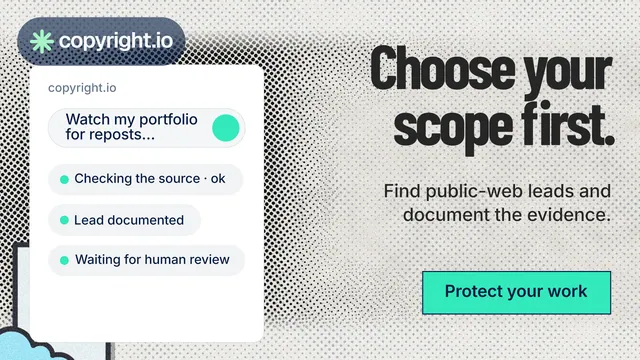 Landscape graphic for copyright.io: "Choose your scope first." Ink sticker style, right layout, light palette in green, grey, white.
