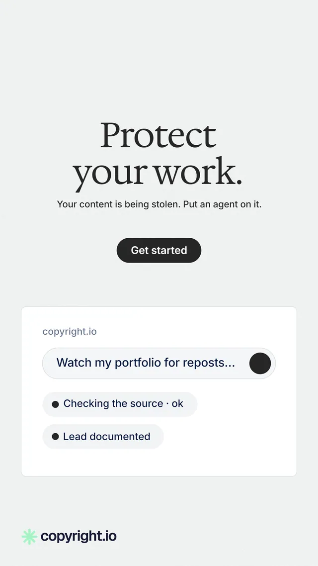 Instagram story for copyright.io: "Protect your work." Data card style, centred layout, light palette in white.