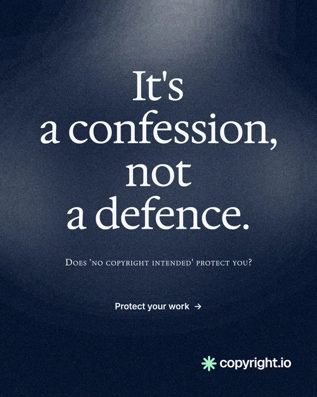 Instagram portrait post for copyright.io: "It's a confession, not a defence." Cyanotype style, smallcaps layout, dark palette in blue, black, grey.