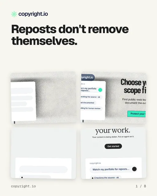 Carousel for copyright.io: "Reposts don't remove themselves.". Collection carousel, 8 slides, light palette.