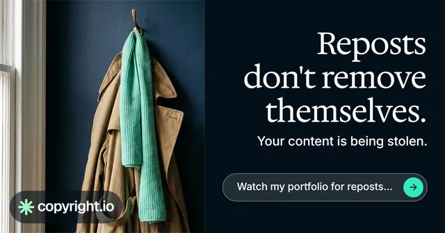 Social ad for copyright.io: "Reposts don't remove themselves." Agentic glass style, right layout, dark palette in black, grey.