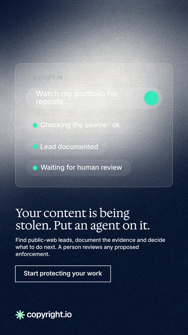 Instagram story for copyright.io: "Your content is being stolen. Put an agent on it." Cyanotype style, bottom layout, dark palette in black, blue, grey.