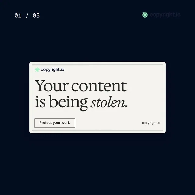 Video for copyright.io. Ad flipbook, 7.5 s, dark palette.