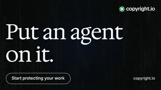 Landscape graphic for copyright.io: "Put an agent on it." Phosphor atlas style, poster layout, dark palette in black, grey.