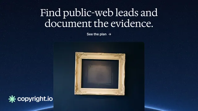 Landscape graphic for copyright.io: "Find public-web leads and document the evidence." Agentic glass style, ogui layout, dark palette in blue, black, grey.