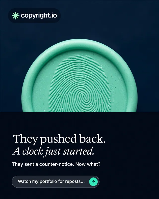 Instagram portrait post for copyright.io: "They pushed back. A clock just started." Agentic glass style, bottom layout, dark palette in black, blue, teal.
