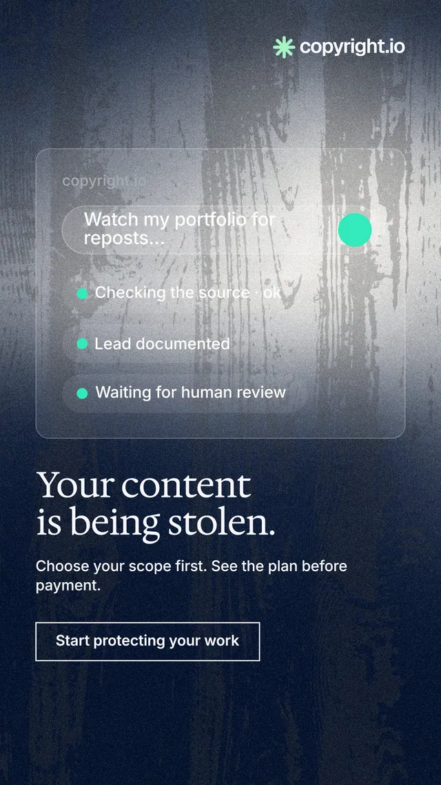 Instagram story for copyright.io: "Your content is being stolen." Cyanotype style, bottom layout, dark palette in black, grey, blue.