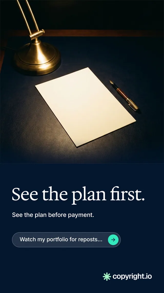 Instagram story for copyright.io: "See the plan first." Agentic glass style, bottom layout, dark palette in black, grey.