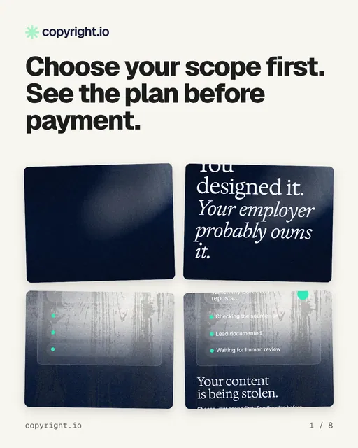 Carousel for copyright.io: "Choose your scope first. See the plan before payment.". Collection carousel, 8 slides, light palette.